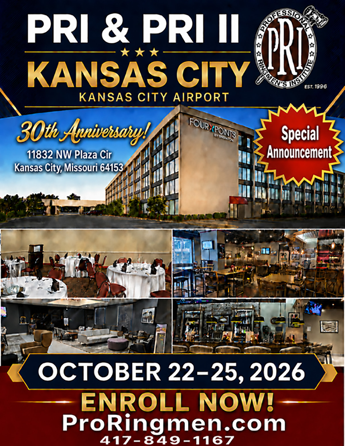 Promotional poster for PRI & PRI II Kansas City, announcing the 30th anniversary at Kansas City Airport, with a hotel building collage and banquet photos; dates Oct 22–25, 2026.